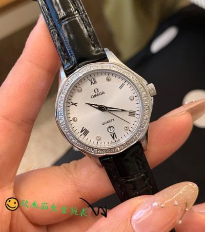 Omega Imported Quartz Movement Stainless Steel 30*8MM Leather Strap Women Watch